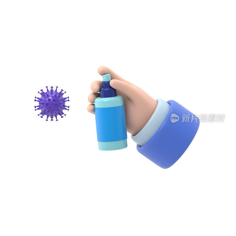 戴手套的男子手里拿着一瓶消毒喷雾。抗菌烧瓶杀灭细菌。消毒剂的概念。家庭卫生和个人卫生。控制冠状病毒疫情。2019 - ncov停止。